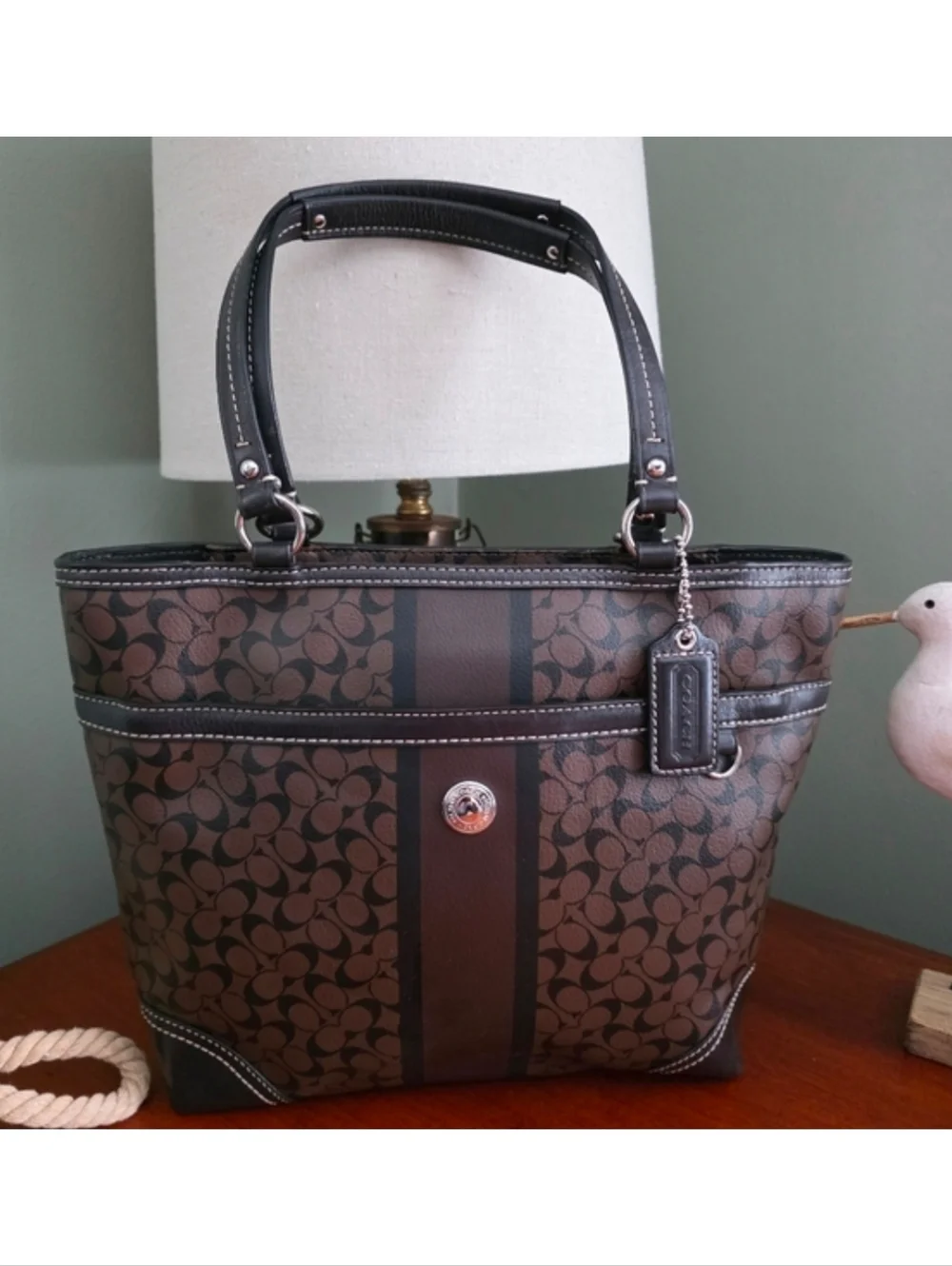 Coach F15137 Chelsea Signature Stripe Brown Coated Canvas Tote Bag